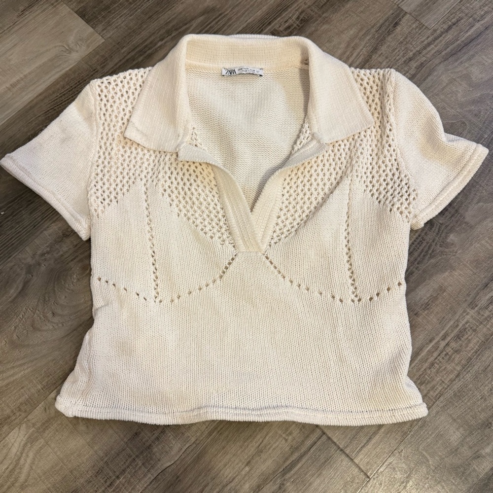Zara Cream Knit Collared Blouse